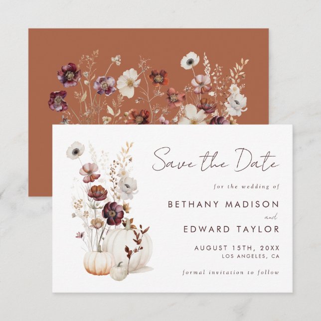 Save The Date Citrouille  Fleur sauvage Boho Automne Mariage (Devant / Derrière)