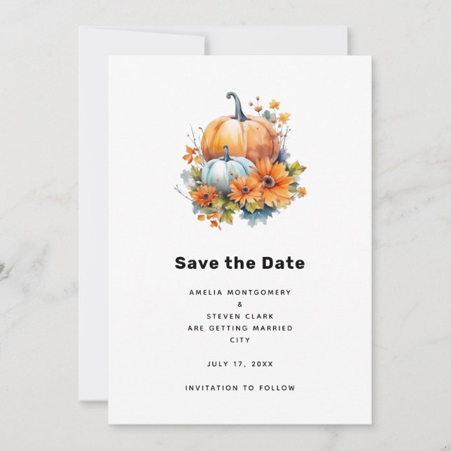 Save The Date Citrouilles d'automne avec Fleurs et Mariage de fe (Devant)