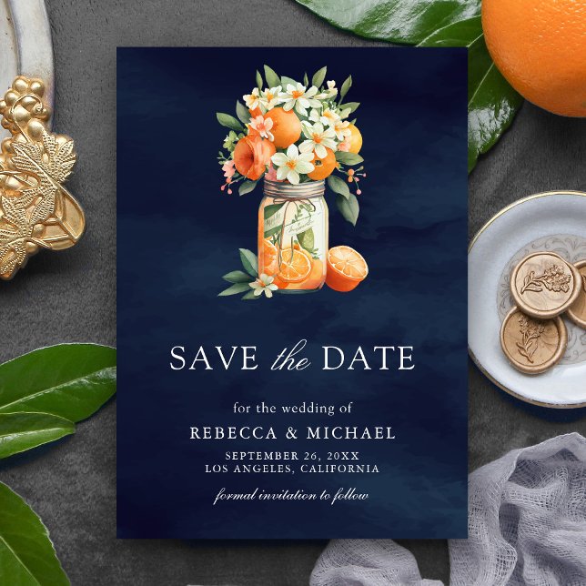 Save The Date Citrus Orange Navy Blue Mason Jar Photo Mariage (Créateur téléchargé)