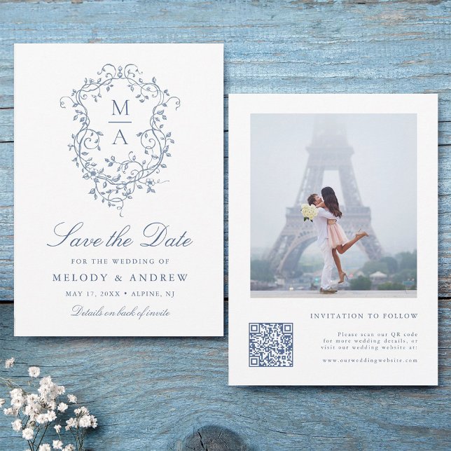 Save The Date Classé Français Bleu Floral Crest Mariage Photo (Front & Back)