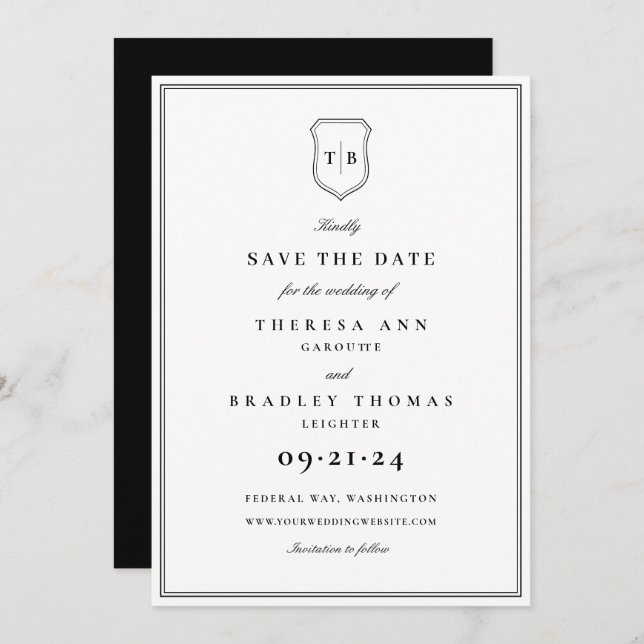 Save The Date Classic Élégant Monogramme Noir Crest Enregistrer  (Devant / Derrière)