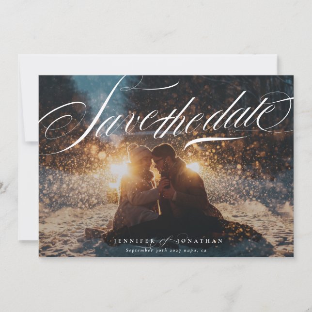 Save The Date Classic Elegant Navy Calligraphie QR Code Photo (Devant)