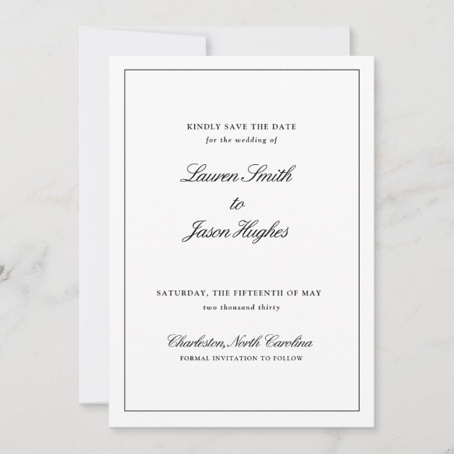 Save The Date Classic Elegant Noir & Blanc Mariage de calligraph (Devant)
