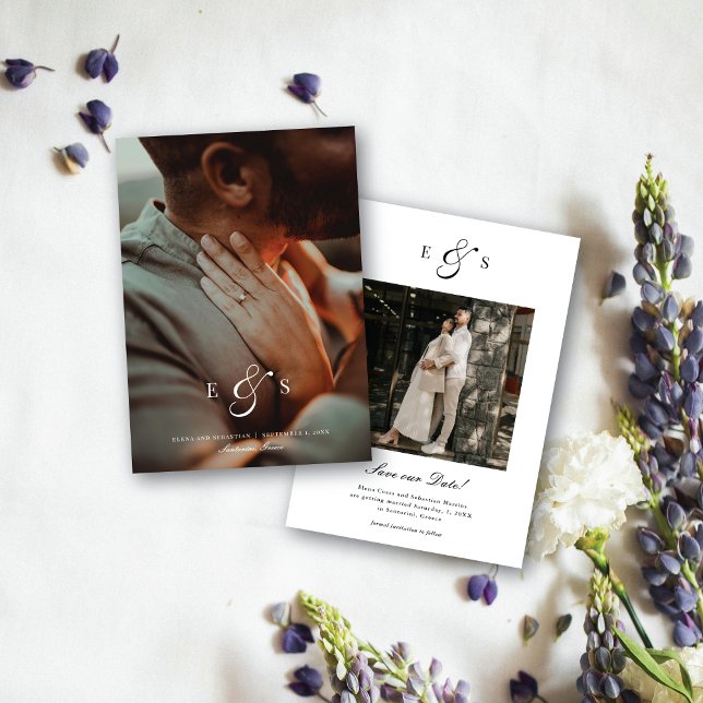 Save The Date Classic Elegant Script Monogram Two Sided Photo (Créateur téléchargé)
