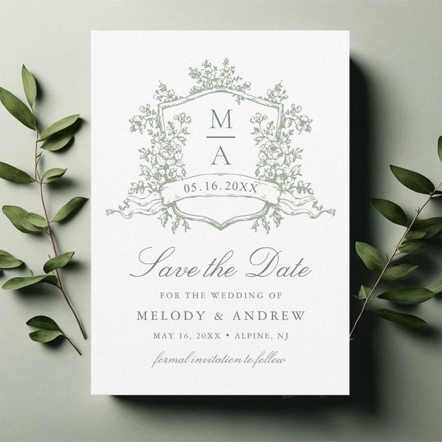Save The Date Classic Floral Crest Sage Green Mariage (Créateur téléchargé)