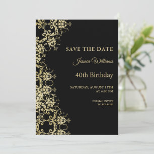 Save The Date Classy Gold & Black Damask 40e anniversaire
