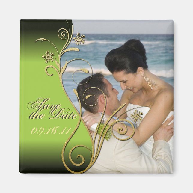 Save the Date Classy Green & Gold Floral Magnet (Vorne)