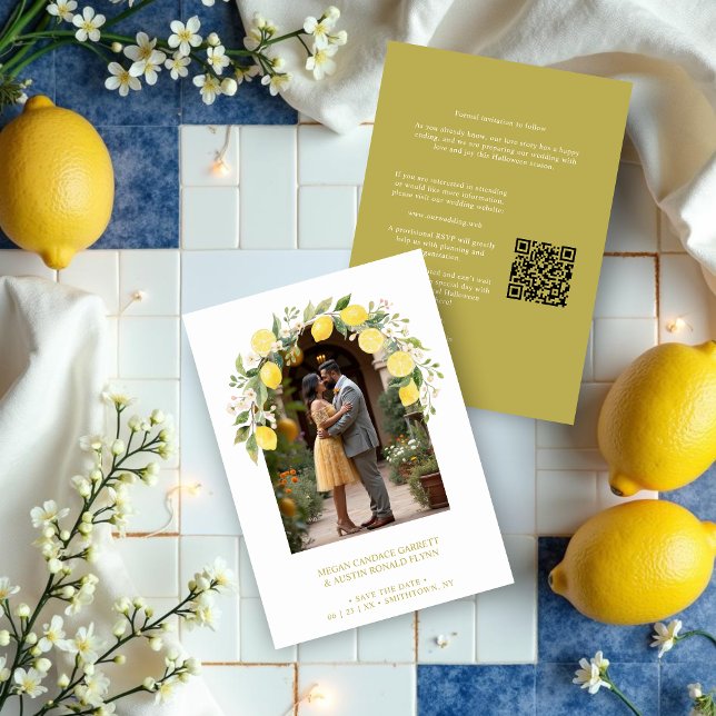 Save The Date Climbing Lemon and Flowers Arch Photo Wedding (Climbing Mediterranean Lemon and Floral Arch Wedding Save the Date Cards with Photo and QR Code. )