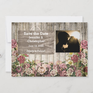 Save The Date Clôture en bois avec Rose peint Couple Photo