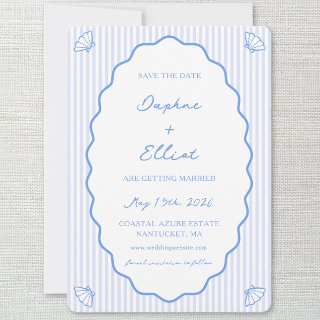 Save The Date Coastal Chic Bleu & Blanc Striped Wavy Mariage (Créateur téléchargé)
