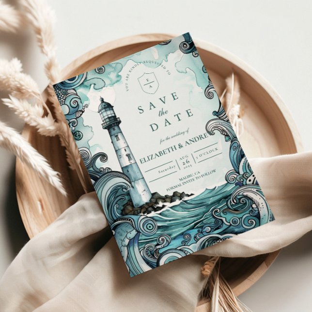 Save The Date Coastal Lighthouse Wave Wedding (Créateur téléchargé)