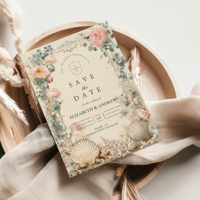 Save The Date Coastal Seashell Botanical Wedding (Créateur téléchargé)