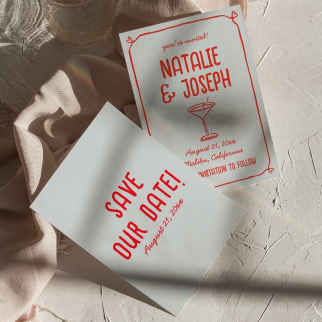 Save The Date Cocktail rouge bleu à main rétro Mariage funky (Créateur téléchargé)
