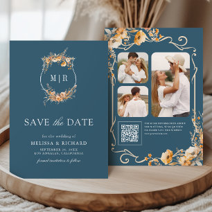Save The Date Code QR Crête de Fleurs Sauvages d'Automne Bleu Po