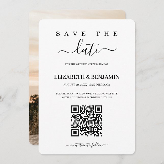 Save The Date Code QR de calligraphie moderne pour photo de Save (Devant / Derrière)