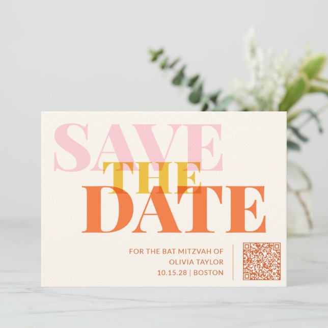 Save The Date Code QR de la Bat Mitzvah rétro moderne rose et or (Debout devant)