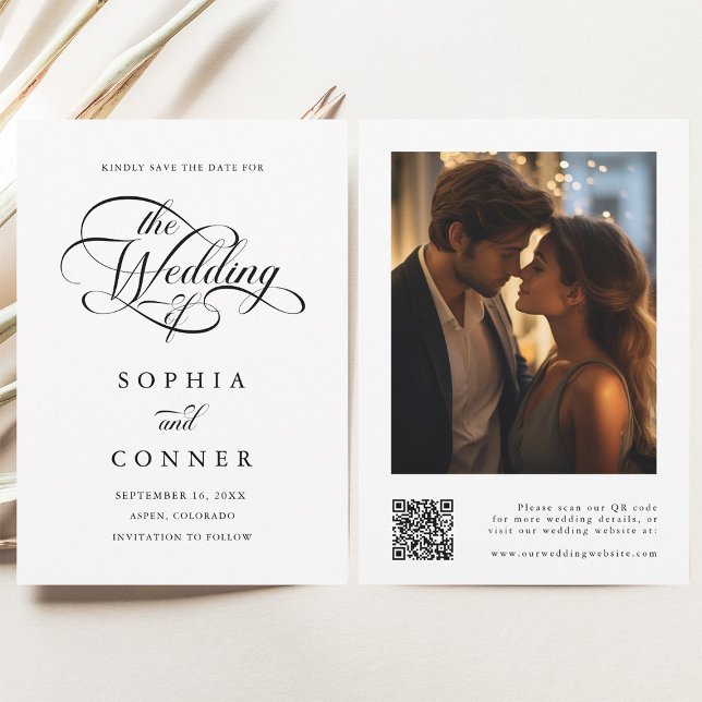 Save The Date Code QR de la photo Mariage de script élégant (Front & Back)