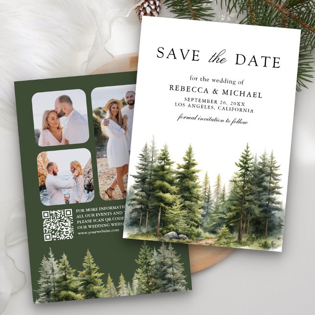 Save The Date Code QR de mariage de forêt de pins (Créateur téléchargé)