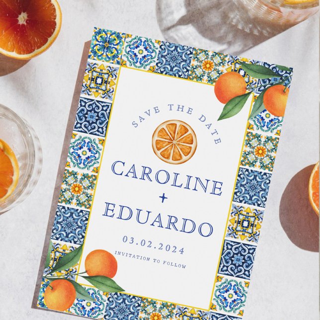 Save The Date Code QR de mariage méditerranéen en carrelage bleu (Créateur téléchargé)