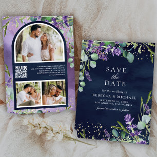 Save The Date Code QR de mariage Navy Lavande Eucalyptus Photo
