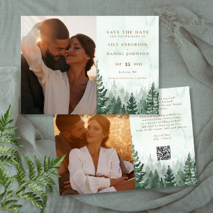 Save The Date Code QR de photo de forêt de pins aquarelle rustiq