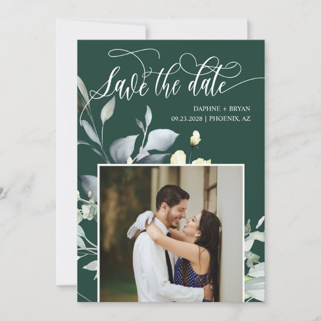 Save The Date Code QR de photo de mariage aux feuilles vert émer (Devant)