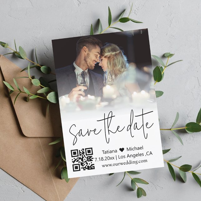 Save The Date code qr élégant mode écriture manuscrite couple ph (Créateur téléchargé)