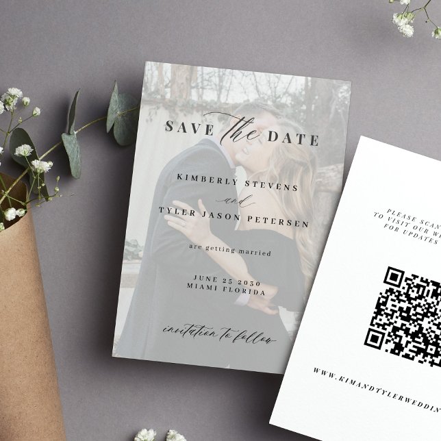 Save The Date Code QR élégant script noir blanc photo mariage (Créateur téléchargé)