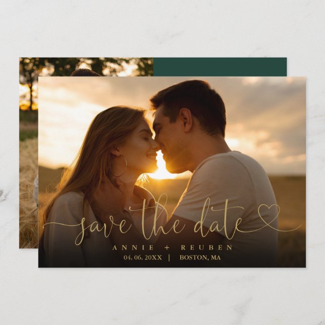 Save The Date Code QR Emerald And Gold Script Photo Mariage (Devant / Derrière)