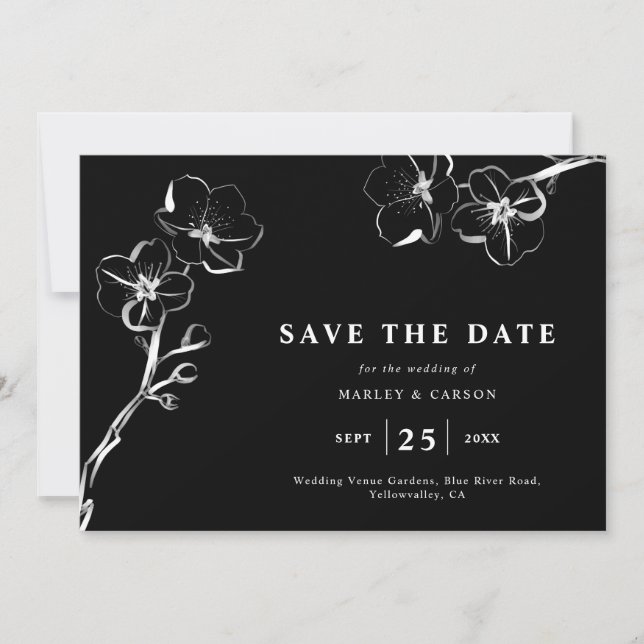 Save The Date Code QR minimaliste Mariage noir floral (Devant)