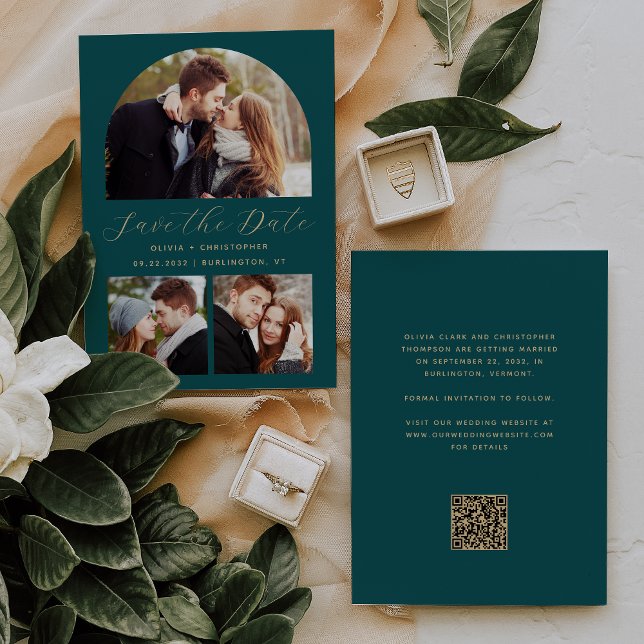 Save The Date Code QR minimum 3-Photo Arch Turquoise Blue Gold (Créateur téléchargé)