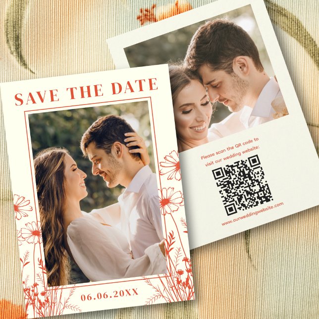 Save The Date Code QR photo 2 Art en ligne floral Orange Boho  (Boho Orange Floral Line Art 2 Photo QR Code Save The Date
)