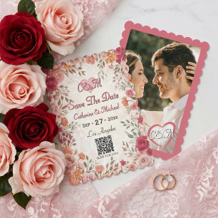 Save The Date Code QR photo floral vintage printemps rose et rou