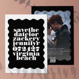 Save The Date Code QR photo noir blanc avec bordure en escalier