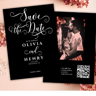 Save The Date Code QR photo noir écriture calligraphique romanti