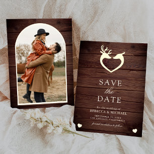 Save The Date Cœur de Cerf Élégant Mariage Bois Rustique Photo