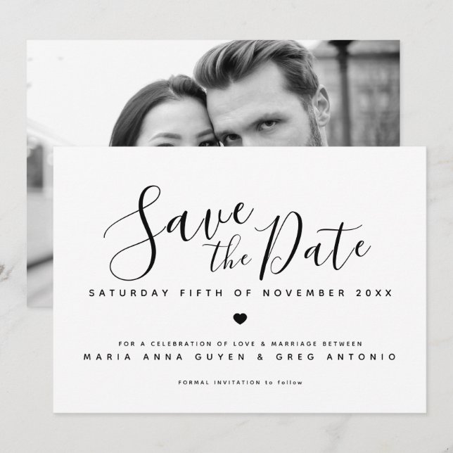 Save The Date Coeur de script simple noir sur mariage photo blan (Devant / Derrière)