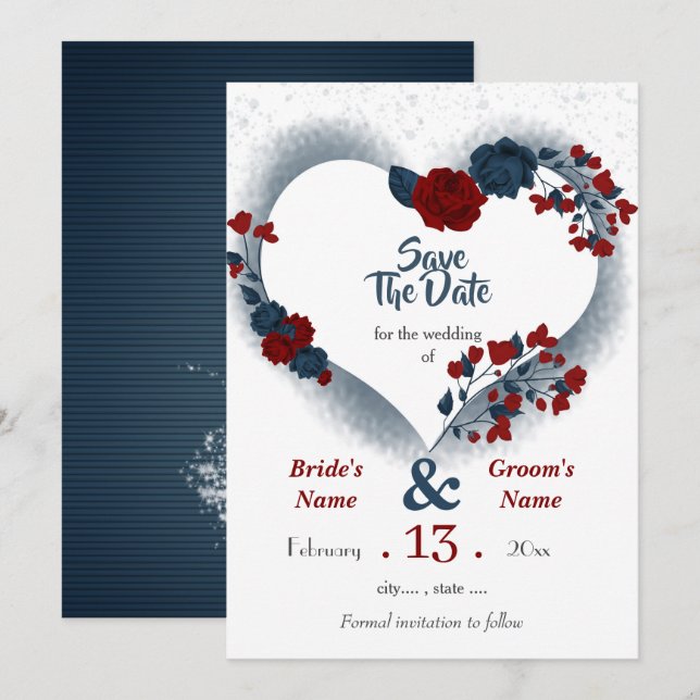 Save The Date Coeur floral marine et bordeaux (Devant / Derrière)