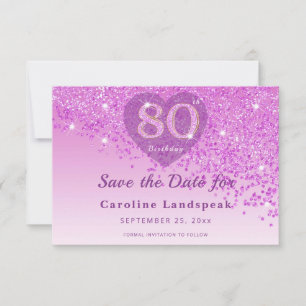 Save The Date Cœur givré pailleté rose pour 80e anniversaire raf
