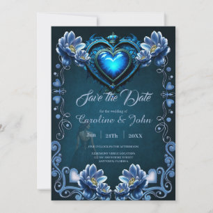 Save The Date Coeur gothique bleu entouré de fleurs magiques