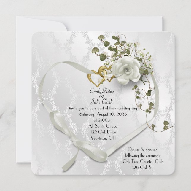 Save The Date Coeur ruban mariage sur damas (Devant)