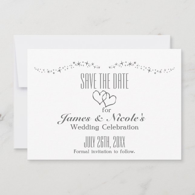 Save The Date Coeurs Argent & Mariage Étincelant Enregistrer La  (Devant)