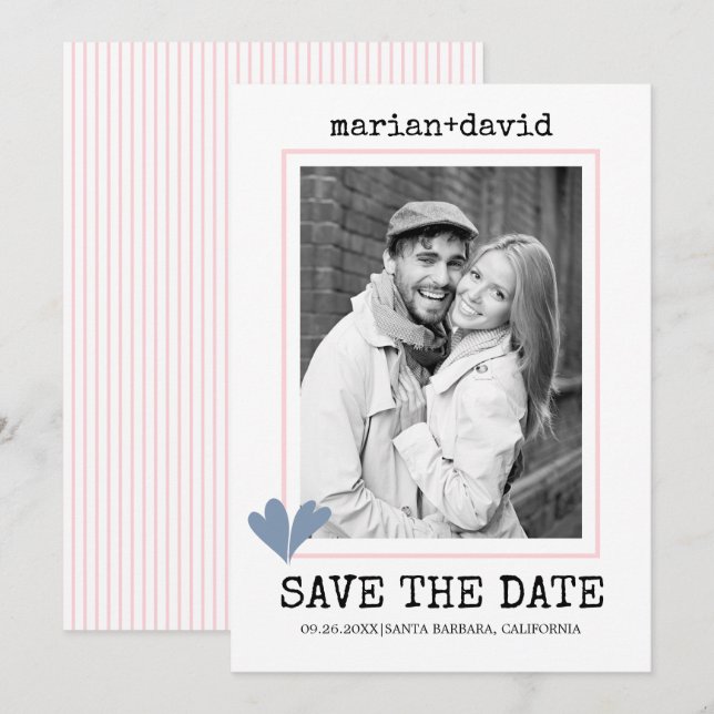 Save The Date Coeurs bleu foncé machine à écrire rose mariage ph (Devant / Derrière)