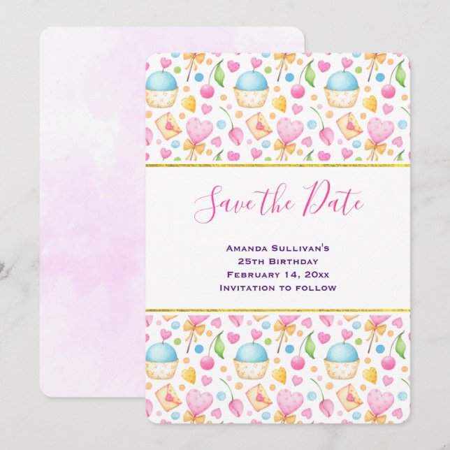 Save The Date Coeurs et amour délicieux Motif d'aquarelle (Devant / Derrière)