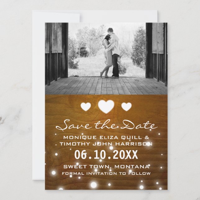 Save The Date Coeurs et lumières Mariage rustique Enregistrer le (Devant)