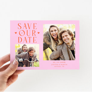 Save The Date Cœurs Mignons 2-Photos Mariage Orange Rose