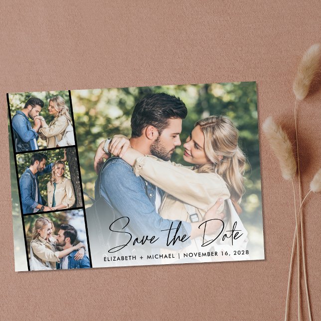 Save The Date Collage de la bande photo moderne (Celebrate your love story with a save the date showcasing your photo in a photo strip frame)