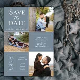 Save The Date Collage de trois photos moderne   Dusty Blue
