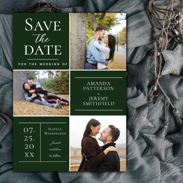 Save The Date Collage de trois photos moderne | Vert émeraude (Emerald Green Modern Three Photo Collage Save the Date)