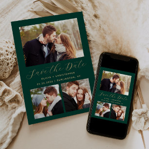 Save The Date Collage minimal de 3 photos Emerald Green Gold